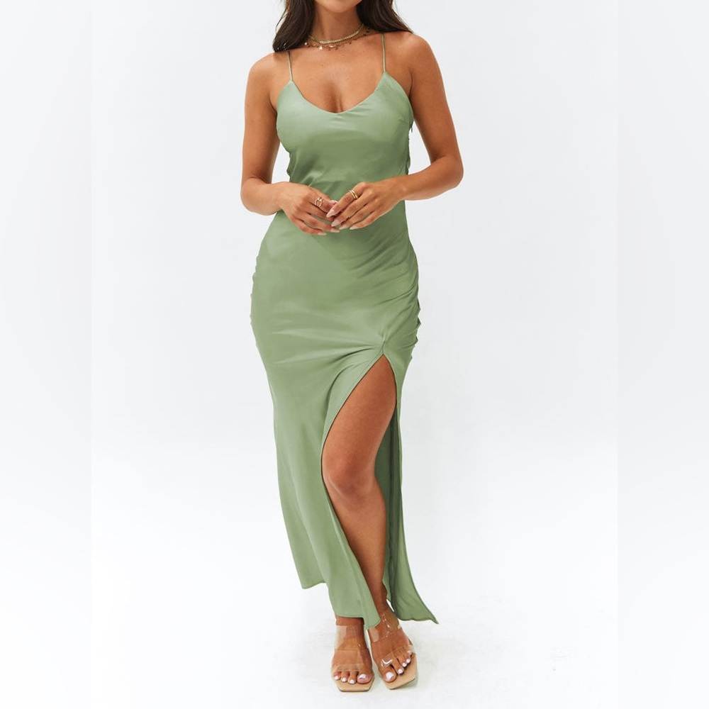 Beginning Boutique Green Maxi Slip Dress with Slit - Picture 5 of 6